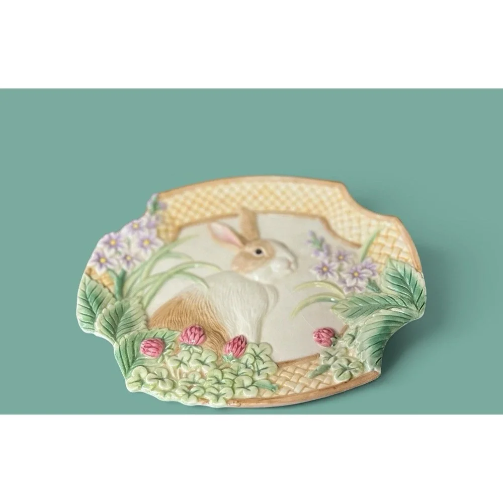 Fitz‎ & Floyd Essentials Botanical Bunny Rabbit Canape Plate Dish Bowl Embossed